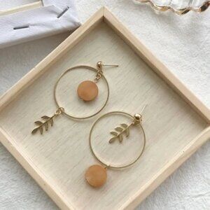 NEW!! Boho Festival Gold Leaf Drop Dangle Earrings Wooden Circle Jewelry